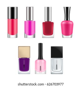 Set of realistic vector packages for nail polish. Opened transparent glass bottles with black cap and brush. Blank template of container with red and pink varnish. illustration Isolated on white