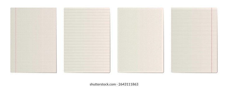 Set of realistic vector paper sheets with various grid patterns: graph, ruled, and dotted. Ideal for school, office, bullet journal, and stationery designs. Perfect for notes, planners, and background