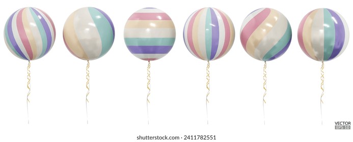 Set of realistic vector pastel striped balloons isolated on white background. Pastel Balloons clipart for anniversary, birthday, wedding, party. 3D vector illustration.