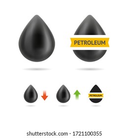 Set von realistischen VektorPetroleumtropfbildern einzeln auf weißem Hintergrund. Ölpreisindikatoren mit Rückgang und Anstieg der Pfeile