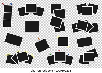 Set of realistic vector photo frames on sticky tape, pins and rivets. Template photo design. Vector illustration