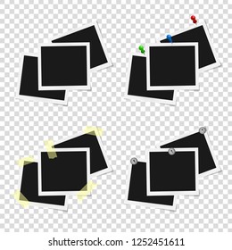 Set of realistic vector photo frames on sticky tape, pins and rivets. Template photo design, Vector illustration