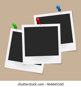 Set of realistic vector photo frames on colored pins isolated on beige background. Template photo design. Vector illustration
