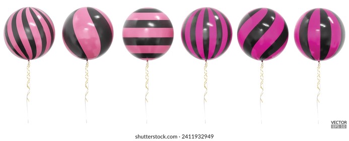 Set of realistic vector pink and black striped balloons isolated on white background. Pink and black balloons clipart for anniversary, birthday, wedding, party. 3D vector illustration.