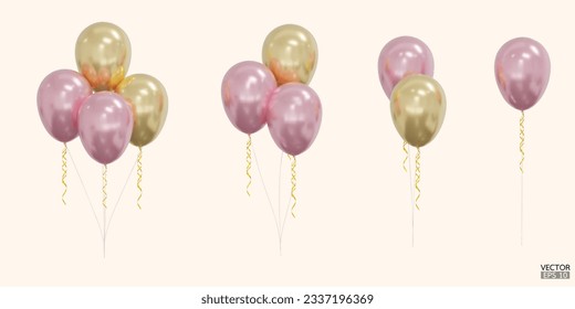 Set of realistic vector pink, gold balloons isolated on beige background. Helium balloons clipart for anniversary, birthday, wedding, party. 3D vector illustration.