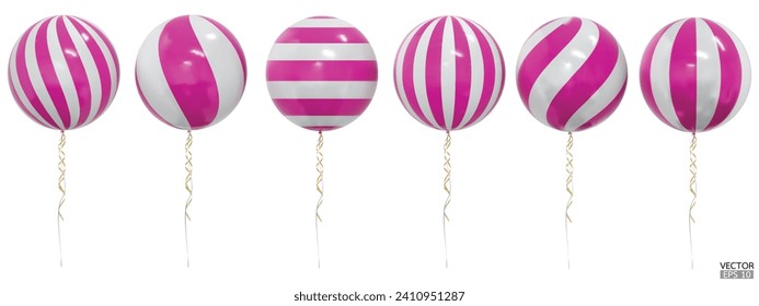 Set of realistic vector pink and white striped balloons isolated on white background. pink and white balloons clipart for anniversary, birthday, wedding, party. 3D vector illustration.