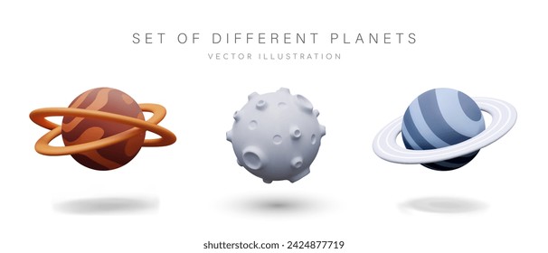 Set of realistic vector planets with craters, belts, spots and lines