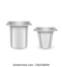 Set of Realistic vector plastic container of yogurt or dessert, opened blank packages, Elements for ad poster, promo banner of food, Vector illustration on white