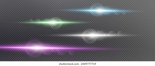 Set of realistic vector red blue white and green stars png. Set of vector suns png. Red flares with highlights. Horizontal light lines, laser, flash.	
