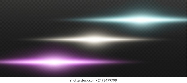 Set of realistic vector red blue stars png. Set of vector suns png. Red flares with highlights. Horizontal light lines, laser, flash. Red white special effect, magic of moving fast motion laser beams.