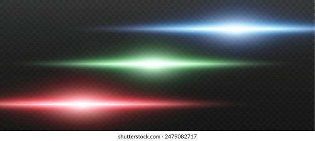 Set of realistic vector red blue stars png. Set of vector suns png. Red flares with highlights. Horizontal light lines, laser, flash. Red white special effect, magic of moving fast motion laser beams.