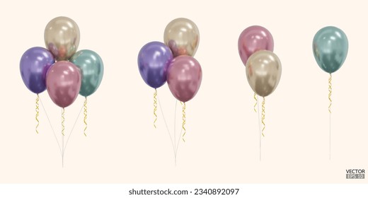 Set of realistic vector red, green,purple,beige balloons isolated on background. Helium balloons clipart for anniversary, birthday, wedding, party. 3D vector illustration.