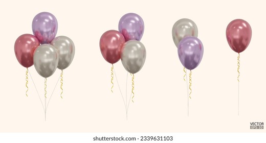 Set of realistic vector red, purple, white balloons isolated on beige background. Helium balloons clipart for anniversary, birthday, wedding, party. 3D vector illustration.