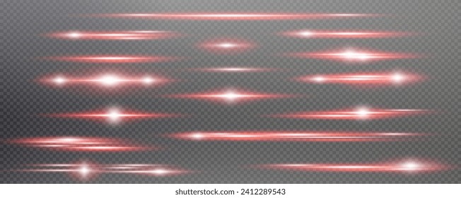 Set of realistic vector red stars png. Set of vector suns png. Red flares with highlights.Horizontal light lines, laser, flash.