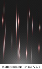 Set of realistic vector red stars png. Set of vector suns png. Red flares with highlights.Vertical light lines, laser, flash.
