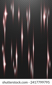 Set of realistic vector red stars png. Set of vector suns png. Red flares with highlights.Vertical light lines, laser, flash.