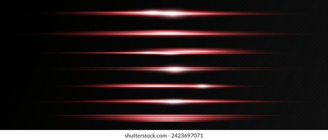 Set of realistic vector red stars png. Set of vector suns png. Red flares with highlights.Horizontal light lines, laser, flash.