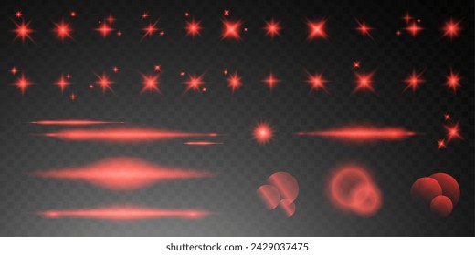 Set of realistic vector red stars png. Set of vector suns png. Red flares with highlights.