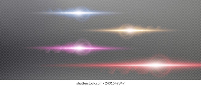 Set of realistic vector red stars png. Set of vector suns png. Red flares with highlights.
Horizontal light lines, laser, flash.
