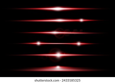 Set of realistic vector red stars png. Set of vector suns png. Red flares with highlights.
Horizontal light lines, laser, flash.
