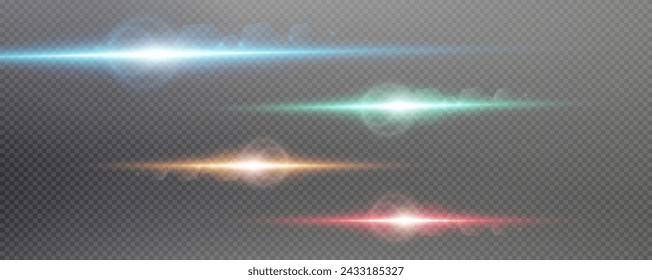 Set of realistic vector red stars png. Set of vector suns png. Red flares with highlights.
Horizontal light lines, laser, flash.
