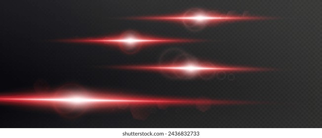 Set of realistic vector red stars png. Set of vector suns png. Red flares with highlights.
Horizontal light lines, laser, flash.
