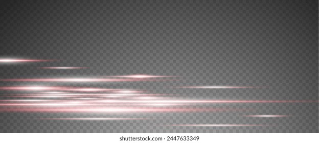 Set of realistic vector  red stars png. Set of vector suns png. Red flares with highlights. Horizontal light lines, laser, flash. Red gold special effect, magic of moving fast motion laser beams.
