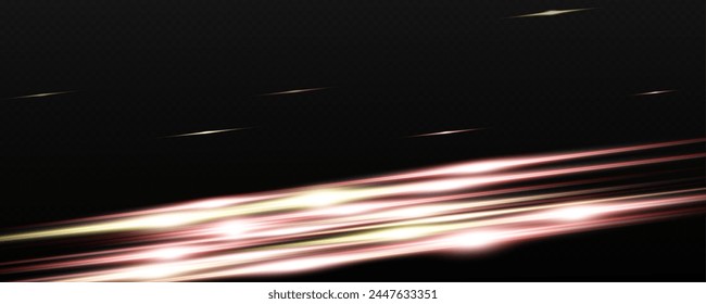 Set of realistic vector  red stars png. Set of vector suns png. Red flares with highlights. Horizontal light lines, laser, flash. Red gold special effect, magic of moving fast motion laser beams.