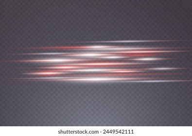 Set of realistic vector  red stars png. Set of vector suns png. Red flares with highlights. Horizontal light lines, laser, flash. Red gold special effect, magic of moving fast motion laser beams.