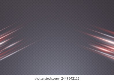 Set of realistic vector  red stars png. Set of vector suns png. Red flares with highlights. Horizontal light lines, laser, flash. Red gold special effect, magic of moving fast motion laser beams.