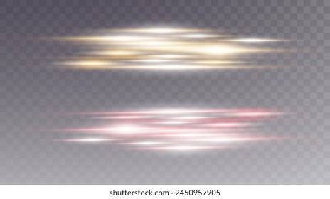 Set of realistic vector  red stars png. Set of vector suns png. Red flares with highlights. Horizontal light lines, laser, flash. Red gold special effect, magic of moving fast motion laser beams.