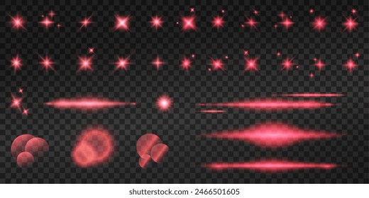 Set of realistic vector red stars png. Set of vector suns png. Red flares with highlights.