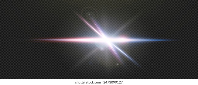 Set of realistic vector  red stars png. Set of vector suns png. Red blue flares with highlights. Horizontal light lines, laser, flash. Red blue special effect, magic of moving fast motion laser beams.