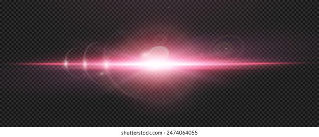 Set of realistic vector  red stars png. Set of vector suns png. Red flares with highlights. Horizontal light lines, laser, flash. Red white special effect, magic of moving fast motion laser beams.