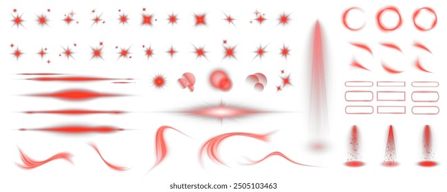 Set of realistic vector red stars png. Set of vector suns png. Red flares with highlights. Horizontal light lines, laser, flash. Bright magikal light effect with rays and many glares of light.