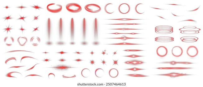 Set of realistic vector red stars png. Set of vector suns png. Red flares with highlights. Horizontal light lines, laser, flash. Bright magikal light effect with rays and many glares of light.