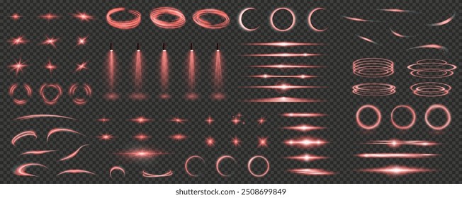 Set of realistic vector red stars png. Set of vector suns png. Red flares with highlights. Horizontal light lines, laser, flash. Bright magikal light effect with rays and many glares of light.