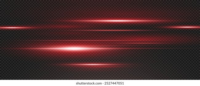 Set of realistic vector red stars png. Set of vector suns png. Red flares with highlights. Horizontal light lines, laser, flash. Bright magikal light effect with rays and many glares of light.