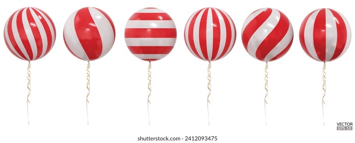 Set von realistischen, vektorroten und weiß gestreiften Ballons einzeln auf weißem Hintergrund. Rot-weiße Ballons Clipkunst zum Jubiläum, Geburtstag, Hochzeit, Feier. 3D-Vektorgrafik.