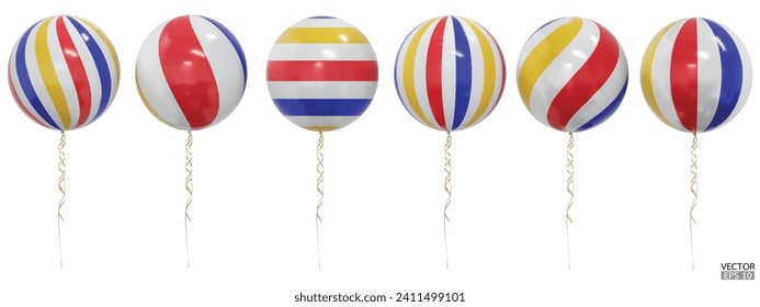 Set of realistic vector red, yellow and blue striped balloons isolated on white background. Balloons clipart for anniversary, birthday, wedding, party. 3D vector illustration.