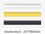 Set of realistic vector rulers png. Yellow, white, black ruler. Twenty centimeter ruler. School supplies png.