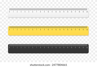 Set of realistic vector rulers png. Yellow, white, black ruler. Twenty centimeter ruler. School supplies png.