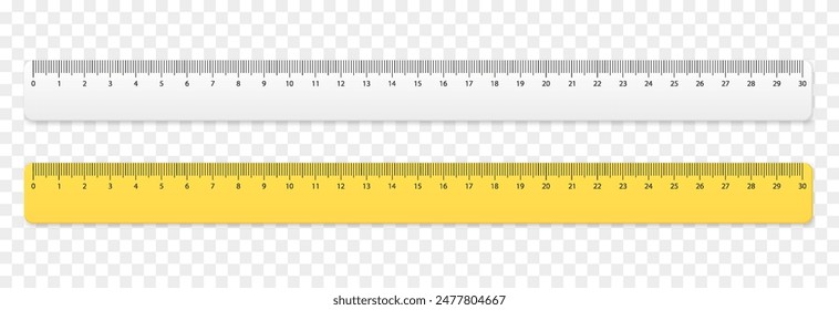 Set of realistic vector rulers png. Yellow, white ruler. Thirty centimeter ruler. School supplies png.