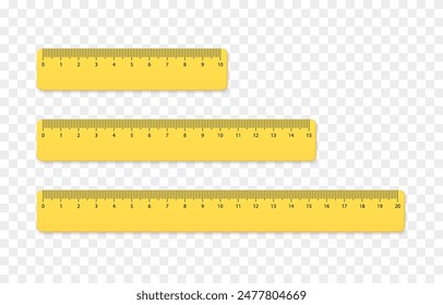 Set of realistic vector rulers png. Yellow rulers of different sizes. School supplies png.