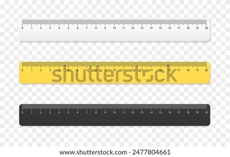 Set of realistic vector rulers png. Yellow, white, black ruler. Twenty centimeter ruler. School supplies png.