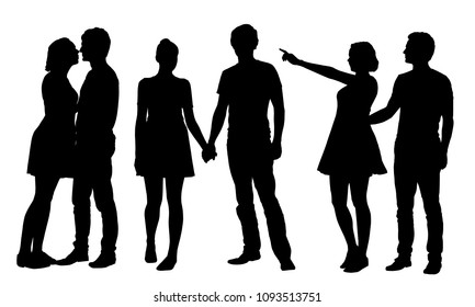 Set of realistic vector silhouettes of young girl and man embracing and kissing, isolated on white background