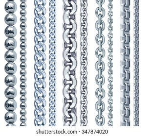 Set of realistic vector silver chains. Vector illustration of steel links isolated on transparent background