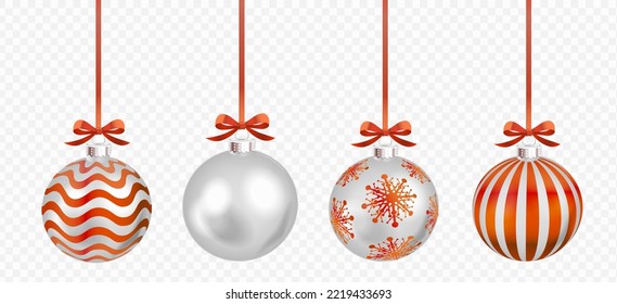 Conjunto de adornos realistas de navidad vectorial de plata con arcos rojos sobre fondo transparente.