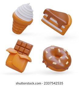 Set of realistic vector sweets. Dessert icons. Creamy ice cream, piece of cake, half opened chocolate bar, donut with icing. Isolated image of yellow, brown color