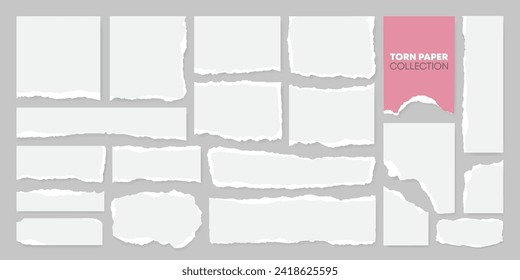 Set of realistic vector torn or ripped notebook paper with white edges. Torn grunge paper or label for social media background. Office scrap note or clip art. Tear page for business ornament design.